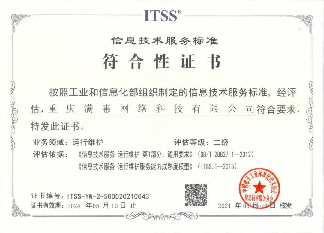 滿惠科技獲ITSS運維服務能力二級認證，網絡技術服務水平邁上新臺階